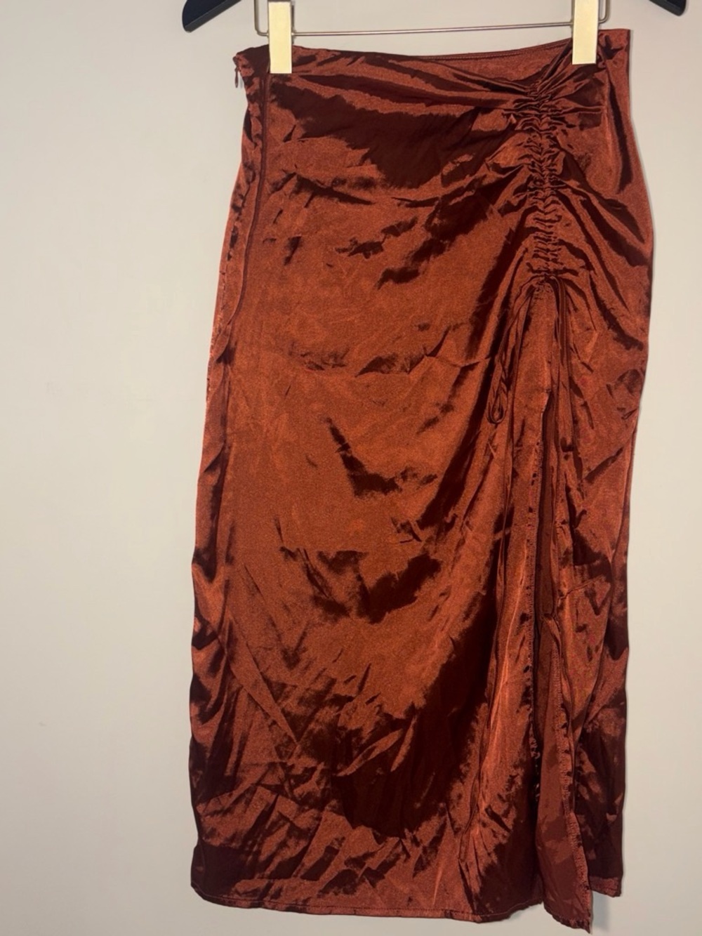 Cider Satin Ruched Midi Skirt in Rust